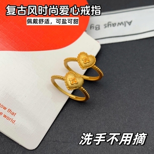 奢华款越南沙金爱心戒指铜镀黄金色女生戒指珐琅彩戒指久不掉色