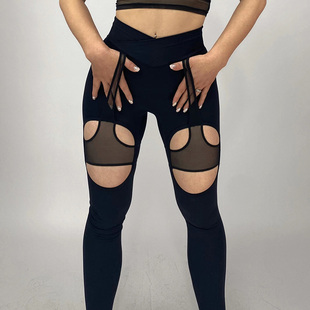 lafitwear网纱镂空瑜伽裤女紧身运动欧美吊带袜普拉提蜜桃健身裤