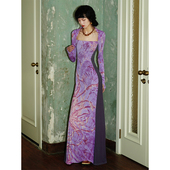 新中式 复古印花拼接双层长款 春季 坏品味西部 修身 连衣裙