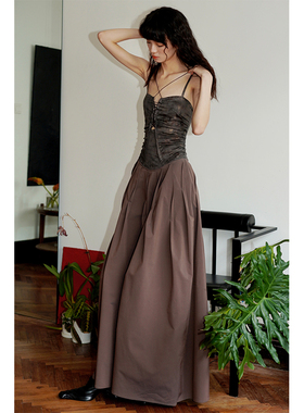 坏品味西部 偏光仿皮拼接设计镂空吊带长款连衣裙夏