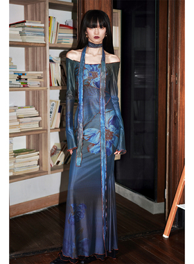 坏品味西部 新中式印花网纱两穿修身春季长款复古连衣裙