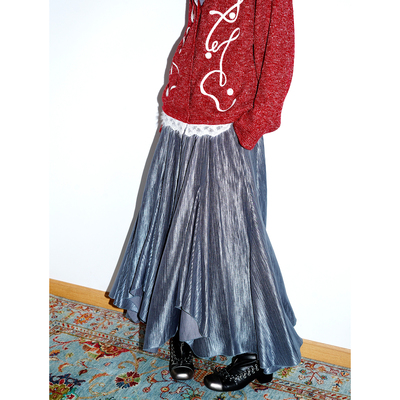 坏品味西部 巨废料不规则设计流光压褶天丝长款半身裙冬