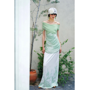 坏品味西部 新中式印花玉色修身露肩多穿长款连衣裙
