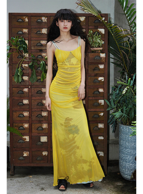 坏品味西部 新中式印花网纱修身抽褶鱼尾吊带连衣裙