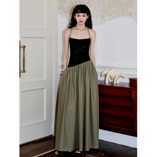 坏品味西部 新中式设计刺绣烧花拼接修身长款连衣裙