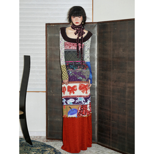 坏品味西部 设计感印花拼接撞色修身长款连衣裙送脖绳