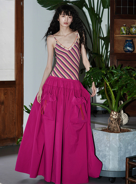 坏品味西部 条纹拼接设计假两件复古长款吊带连衣裙