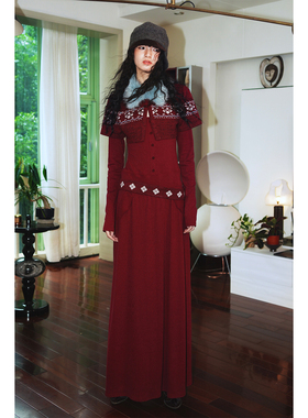 金靖同款 坏品味西部费尔岛十字绣复古针织两件套长袖连衣裙套装