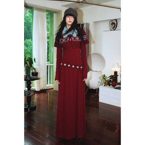 金靖同款 坏品味西部费尔岛十字绣复古针织两件套长袖连衣裙套装