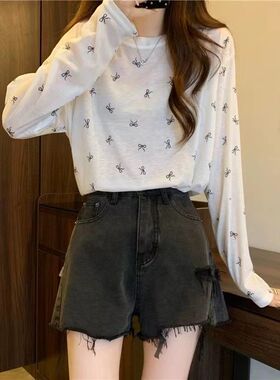 韩版宽松蝴蝶结印花长袖T恤女春秋新款圆领甜美防晒罩衫薄款上衣