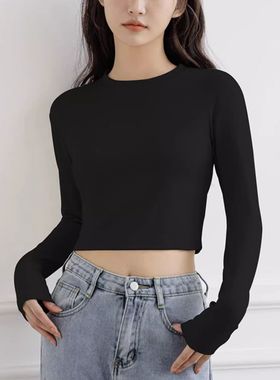 高腰短款长袖t恤女2025秋季圆领修身内搭辣妹个性打底衫纯色上衣