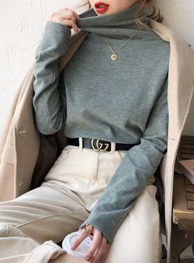 堆堆领秋冬新款加绒打底衫女高领叠穿内搭长袖保暖洋气德绒上衣