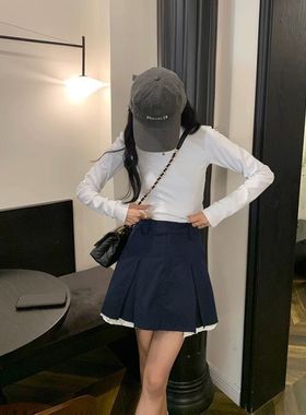 白色基础t恤女春秋新款别致弹力修身内搭上衣圆领纯棉打底衫