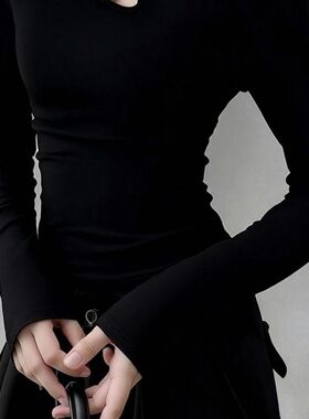 辣妹镂空不规则半高领长袖T恤女2026新款春秋磨毛薄绒打底衫上衣