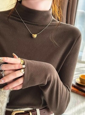 奶蓝色半高领正肩长袖t恤女士秋冬新款德绒保暖时尚打底绒上衣ins