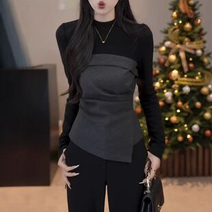 收腰显瘦设计感时尚 上衣 t恤女2026春季 韩系不规则拼接假两件长袖