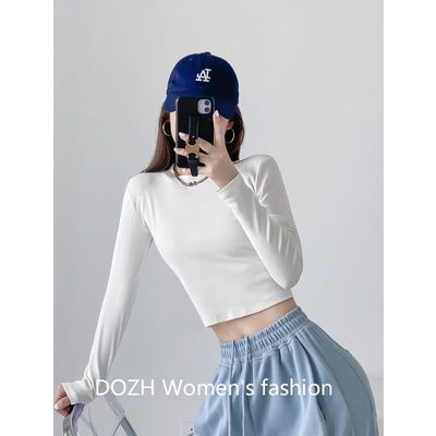 春秋打底衫短款T恤女上衣长袖修身高腰紧身别致露脐薄款气质上衣