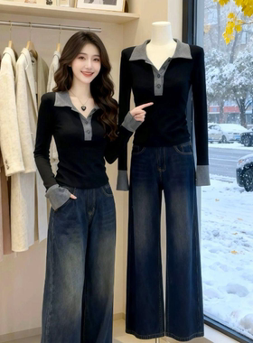 polo领长袖t恤女春秋季新款修身高级感韩系时尚设计感打底衫上衣