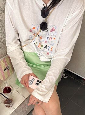 韩系复古雪花棉轻薄透感防晒罩衫蛋糕印花长袖t恤女春夏松弛上衣