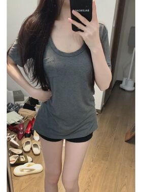 别致小众夏季新款u领甜辣妹百搭纯色基础短袖t恤女宽松显瘦上衣服