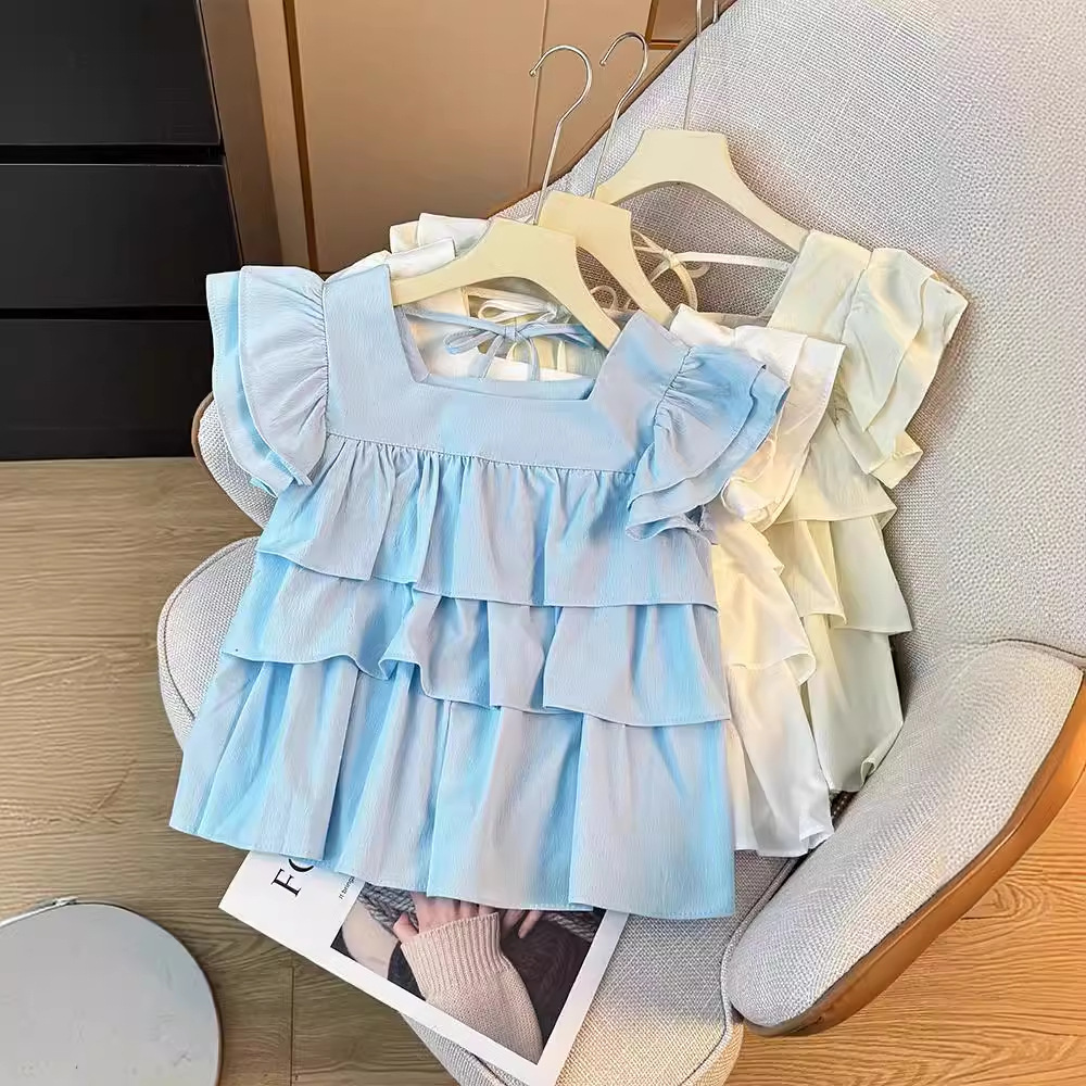 小清新蓝色方领荷叶边拼接小飞袖衬衫女夏小个子设计感系带娃娃衫