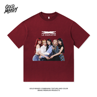 LeSserafim粉丝应援周边韩女团爱豆重磅纯棉T恤半袖杉情侣男女款