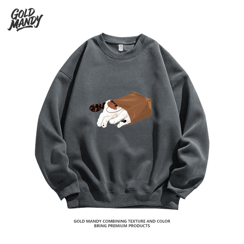 猫咪钻袋子可爱萌宠印花卡通动漫百搭重磅纯棉长袖卫衣服男女同款