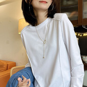 白色冰丝长袖 女垫肩高端宽松叠穿上衣2025春小众设计感 t恤打底衫