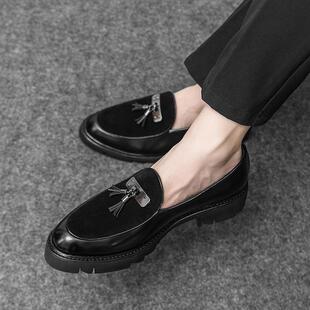 纯黑厚底增高休闲男鞋 发型师尖头一脚蹬乐福鞋 子 男韩版 流苏小皮鞋