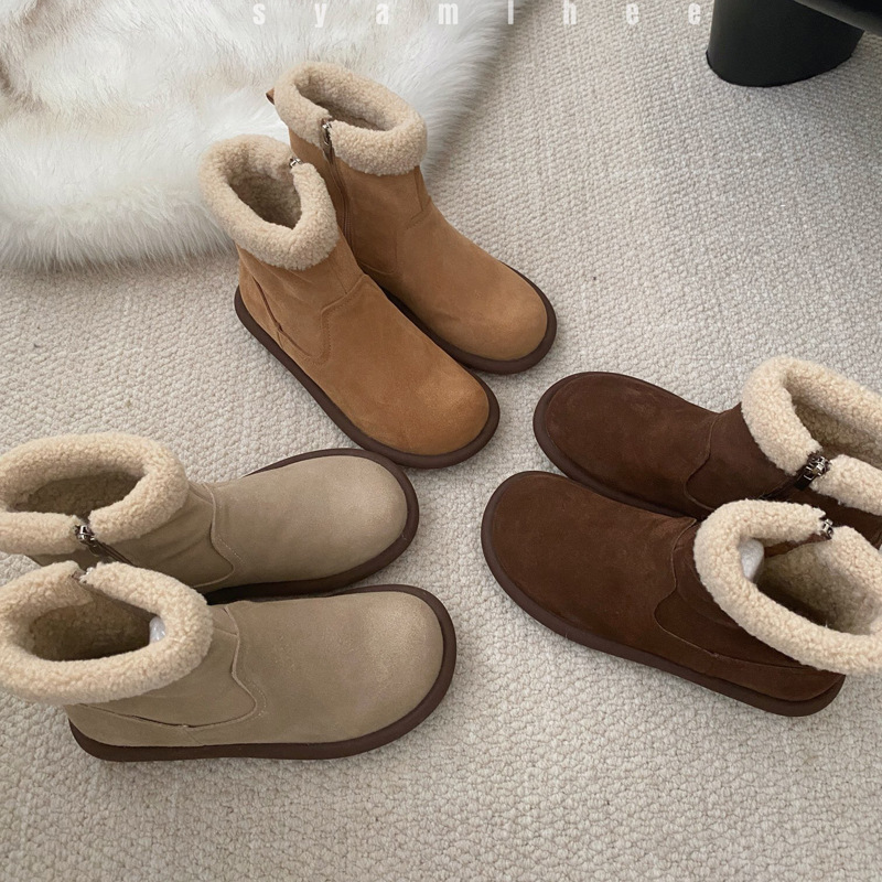 磨砂牛皮羊羔毛口加绒短靴女2025冬季复古风显瘦侧拉链保暖雪地靴