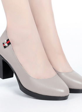 女士皮鞋真皮粗跟软皮单鞋粗跟工作鞋女黑色高跟鞋秋季时尚妈妈鞋