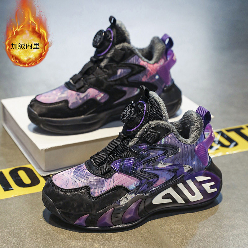 儿童运动鞋秋冬新款男童篮球鞋软底加绒中大童女孩旋纽扣百搭潮流