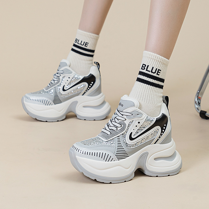 老爹鞋女内增高2025春秋新款厚底超高跟11cm小个子亮片运动休闲鞋