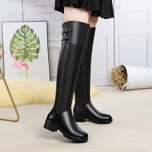 2025年真皮年过膝长筒靴长靴冬季加绒保暖女靴子粗跟羊毛马靴