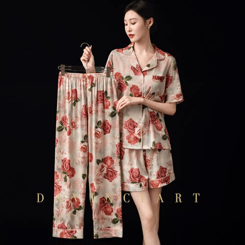 2026春夏高端睡衣女真丝冰丝绸锻玫瑰印花三件套家居服送妈妈礼物