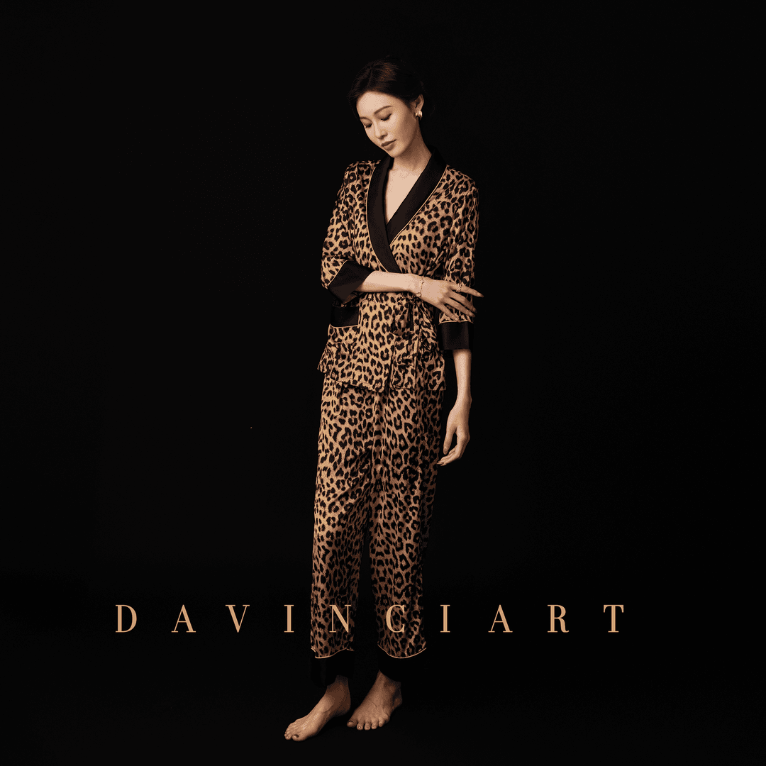 达芬奇高级感豹纹睡衣女冰丝绸复古国风系带气质女人味家居服套装