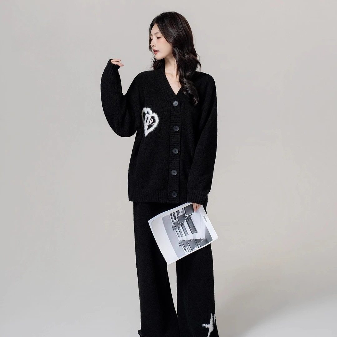 秋冬半边绒睡衣女加厚加绒保暖家居服明星同款黑色时尚居家服外穿
