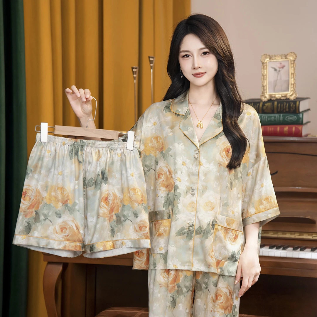 2026春夏高级感睡衣女冰丝绸复古花卉居家服宽松显瘦三件套家居服