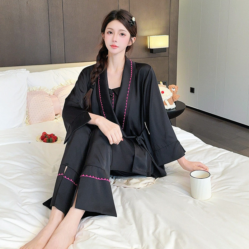 睡衣女款春秋冰丝吊带长袖三件套装新中式带胸垫白色高级感家居服