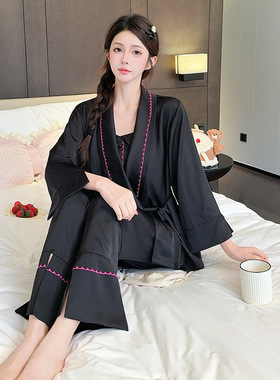 睡衣女款春秋冰丝吊带长袖三件套装新中式带胸垫白色高级感家居服