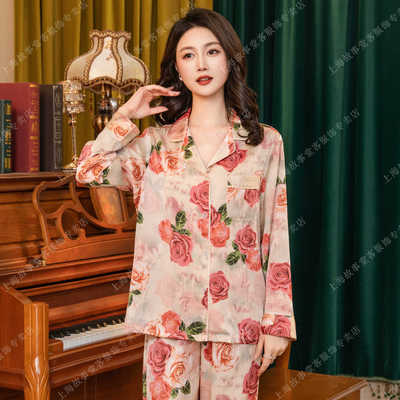 达芬奇夏季冰雪丝睡衣女短袖长裤三件套粉色玫瑰柔光软丝家居服薄