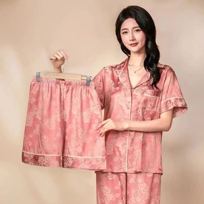 达芬奇2026春秋新款高级感睡衣女冰丝夏季短袖长裤三件套家居服薄