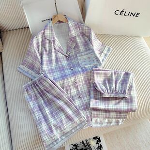 短裤 长裤 家居服 高级感紫色格睡衣女冰丝绸三件套短袖 达芬奇密夏季