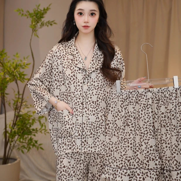 达芬奇密码夏季冰丝睡衣女士宽松波卡温茶三件套家居服可外穿套装