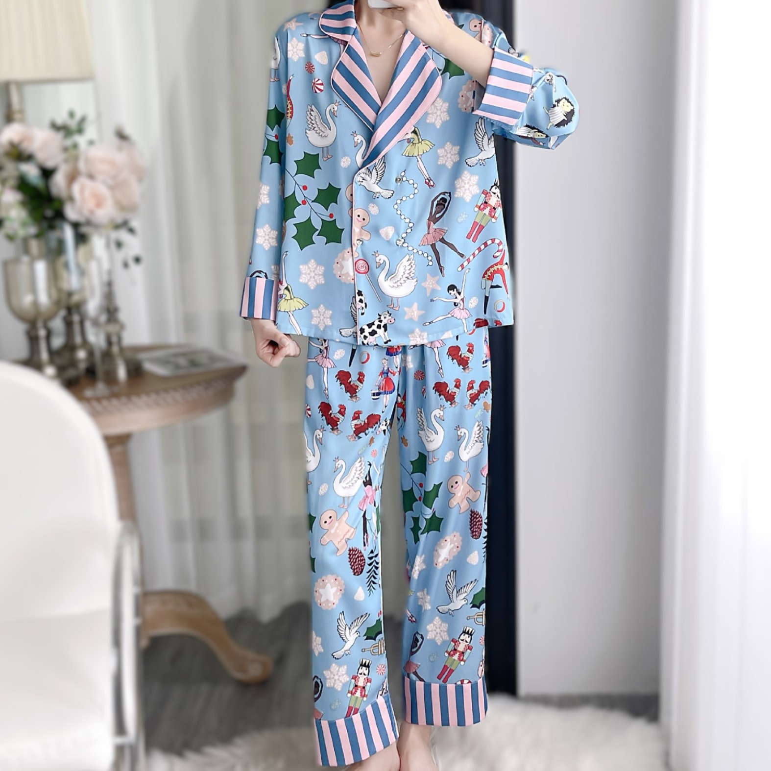 伦敦轻奢丝绸睡衣套装复古双排扣插画印花印花高级感家居服五件套