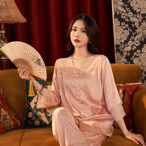 高级感七分袖蕾丝冰丝睡衣女