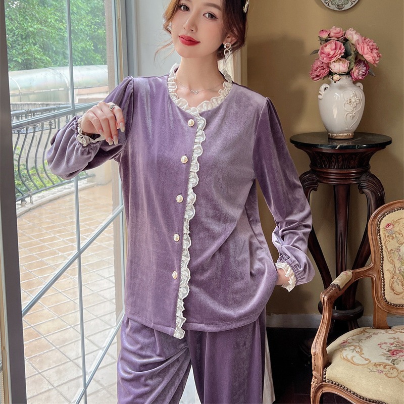 达芬奇密金丝绒睡衣女2025秋冬新款蕾丝珊瑚绒加厚妈妈家居服套装