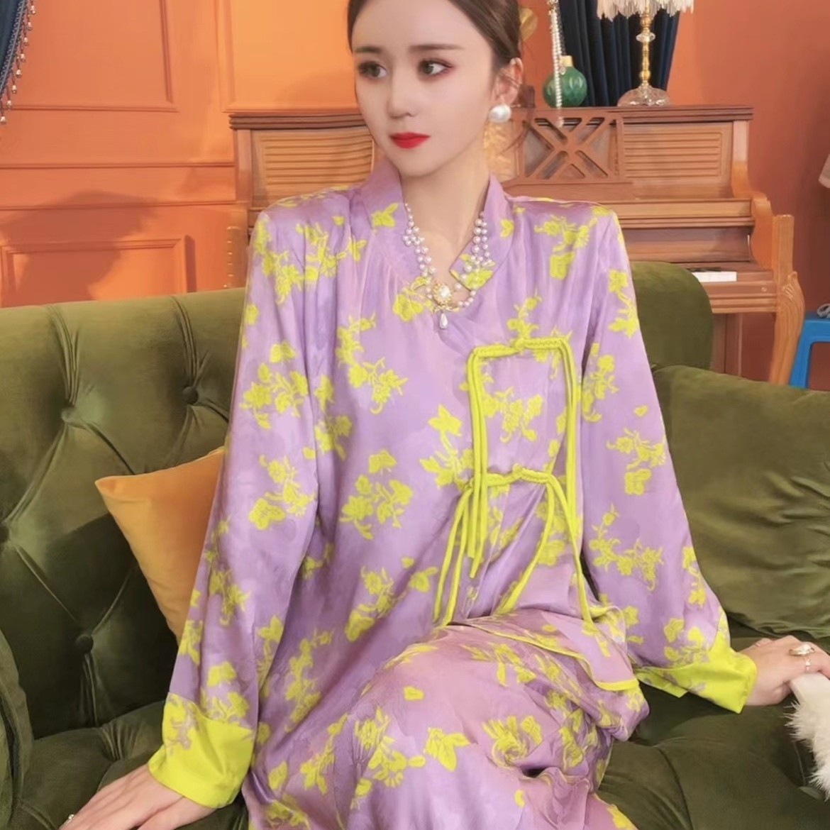 睡衣女复古优雅紫色旗袍式家居服