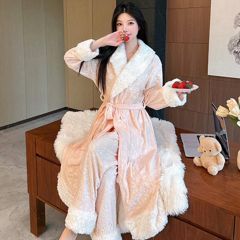 海岛绒睡衣女冬季长款加厚保暖睡袍睡裤套装春秋轻奢显瘦家居服女