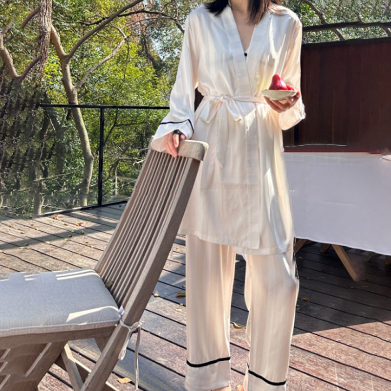 2024新款秋季冰丝睡衣女轻奢吊带系带睡裙睡袍三件套装法式家居服